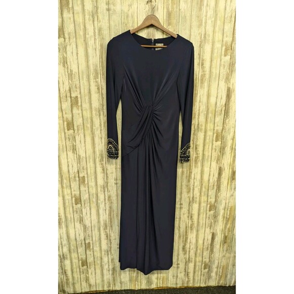 Vince Camuto Long Sleeve Gown Maxi Dress Elegant Navy Embellished Ruched Waist 4 - Picture 1 of 14